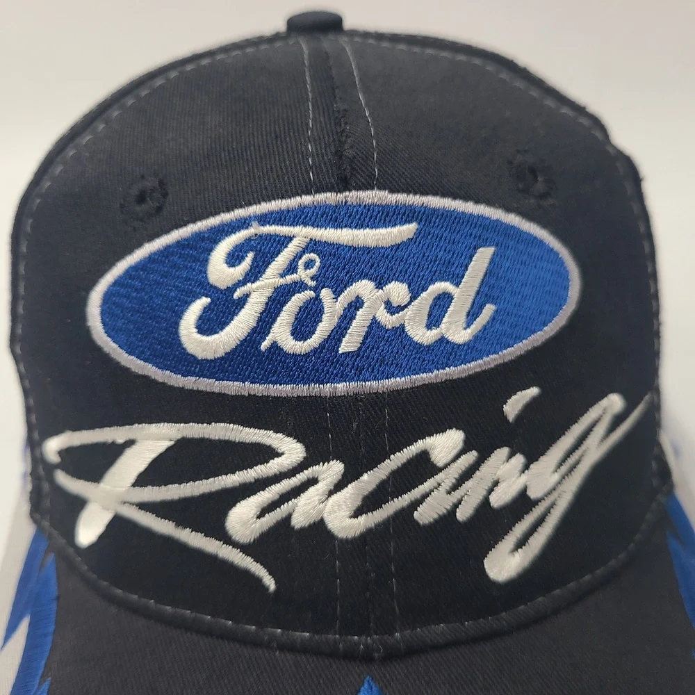 Vintage Ford Racing Hat Snapback (Fits Small) Black Blue White Flames *TEAR*‎